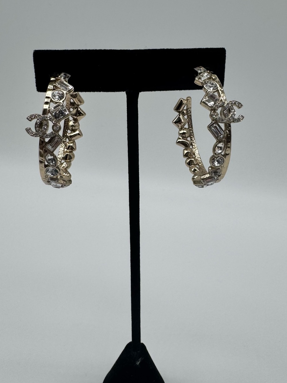 Chanel 23P Strass Gold Tone Hoop Earrings with Iconic Logo Accent